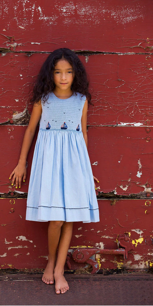 Smocked Freedom Boats Blue Toddler & Youth Girl Dress