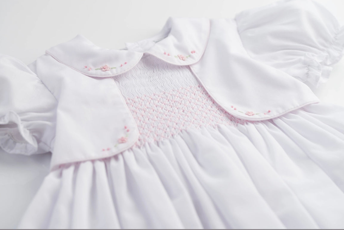 Smocked Vest Dress -White and Pink