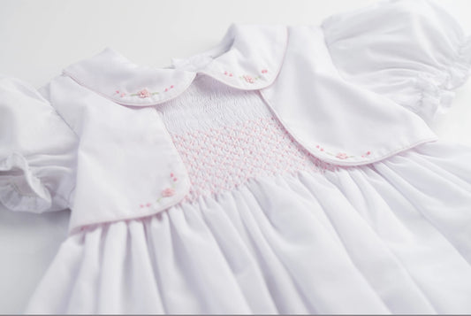 Smocked Vest Dress -White and Pink