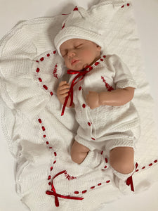 Beautiful knitted set with a touch of red- includes blanket