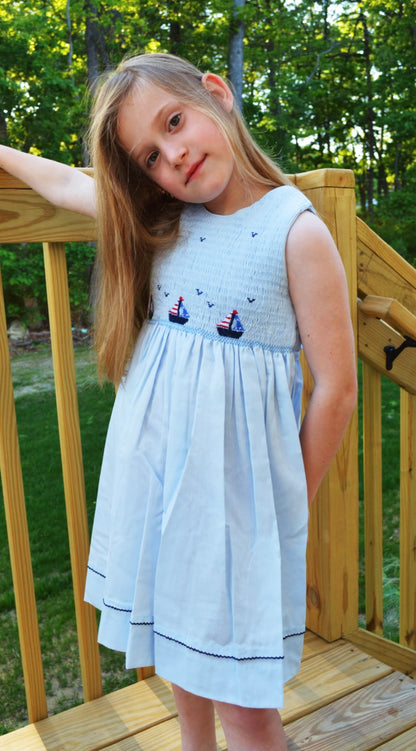 Smocked Freedom Boats Blue Toddler & Youth Girl Dress