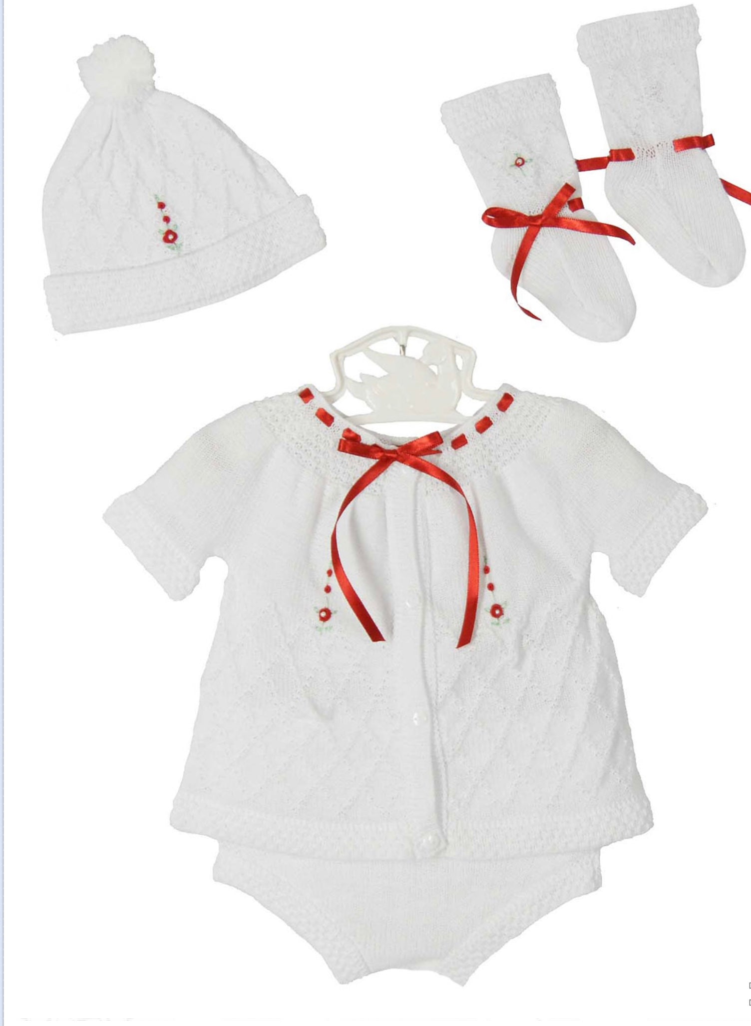 Beautiful knitted set with a touch of red- includes blanket