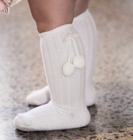 Knee High Pom Pom Socks-White color