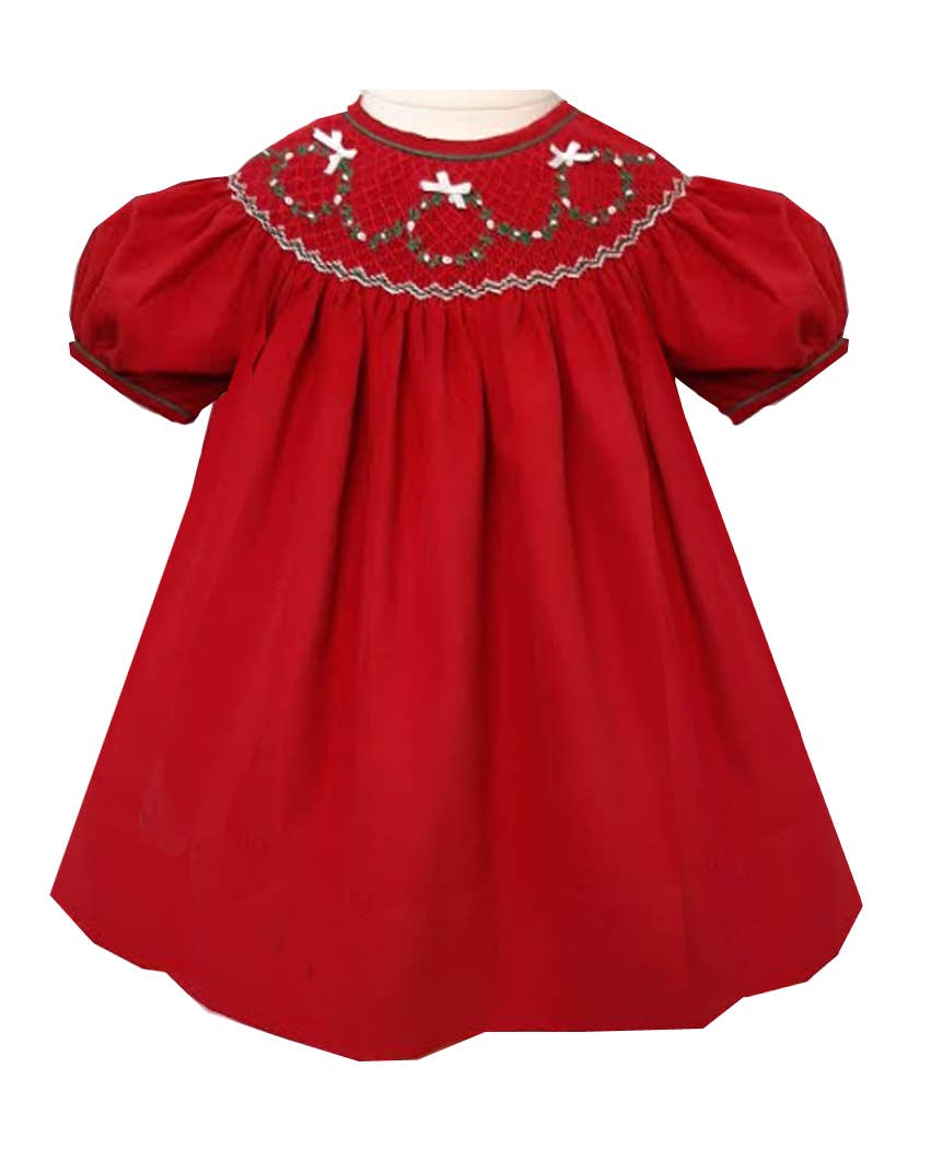 Christmas Wreath Smocked Bishop Dress