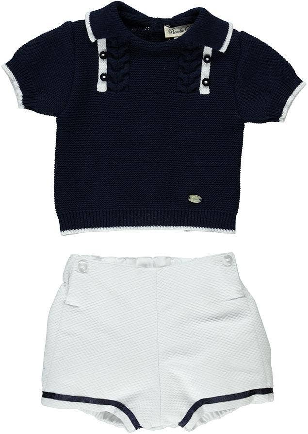 Set Of Blue Knitted Sweater And White Shorts With Ribbon