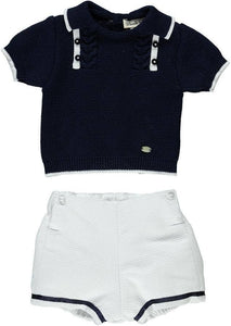 Set Of Blue Knitted Sweater And White Shorts With Ribbon