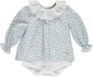 White Bodysuit With Small Blue Flower Pattern Tunic And Fril