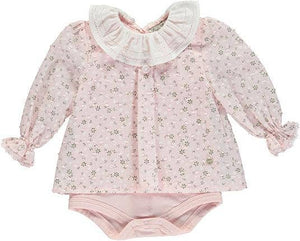 White Bodysuit With Pink Flower Tunic And Frilled Collar