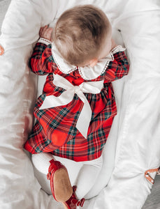 Red Tartan Ruffle Collar Dress With Tie Bow