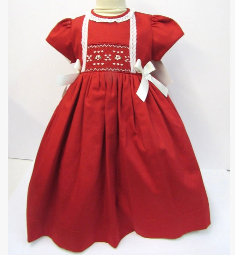 Sweet Red Smocked Ivory Bow Dress