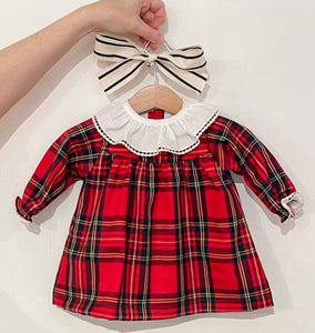 Red Tartan Ruffle Collar Dress With Tie Bow